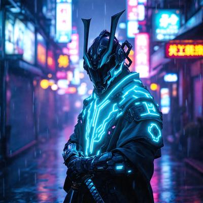The primary subject of the image is a person wearing a futuristic, glowing outfit, standing in a city street at night. The setting includes a cityscape with buildings and neon lights, creating a vibrant and lively atmosphere. The visual style of the image is a combination of photo and digital art, giving it a unique and captivating appearance. The colors and mood of the image are predominantly dark and mysterious, with the glowing outfit and neon lights adding a touch